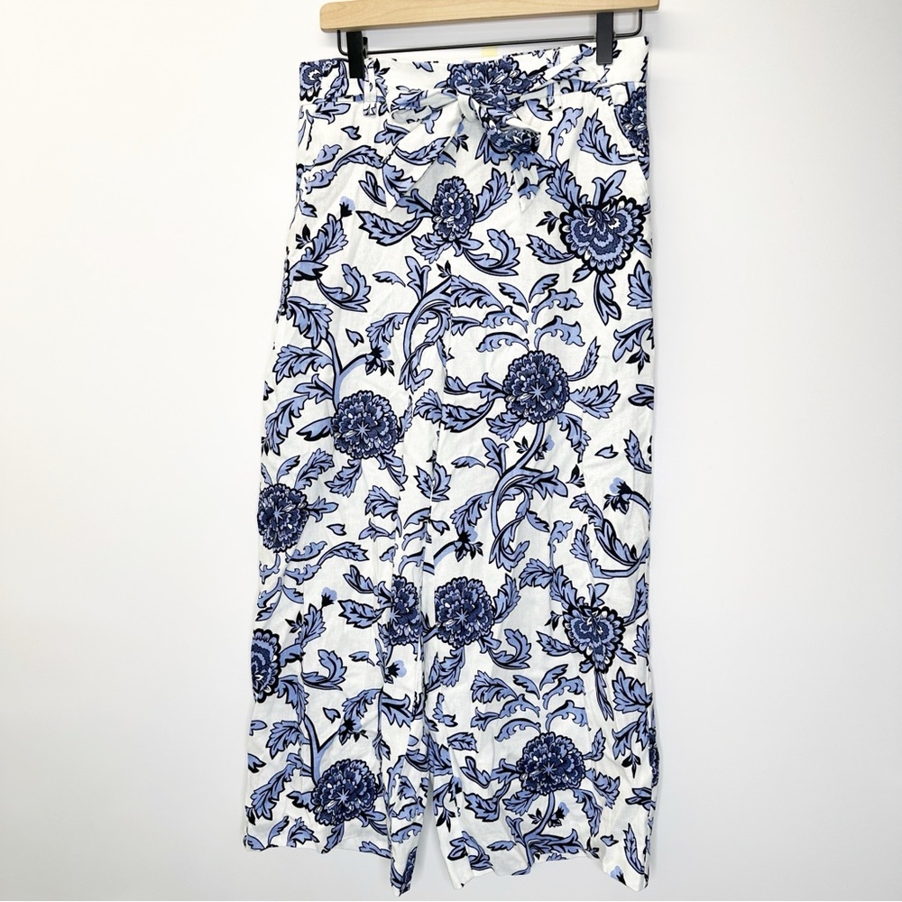 Joie Wide Leg Cropped Floral Pants Pockets Linen Blend Blue White Tie Size 4